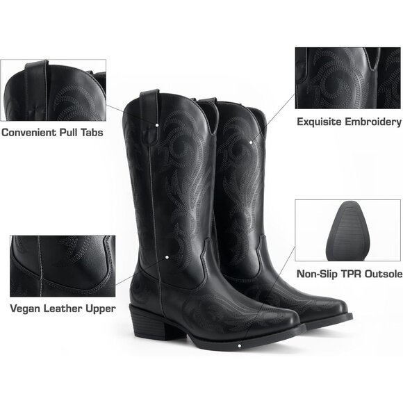 Dream Pairs Women's All Black Mid Calf Cowgirl Boot Square Toe Chunky Heel Shoes - Picture 5 of 7